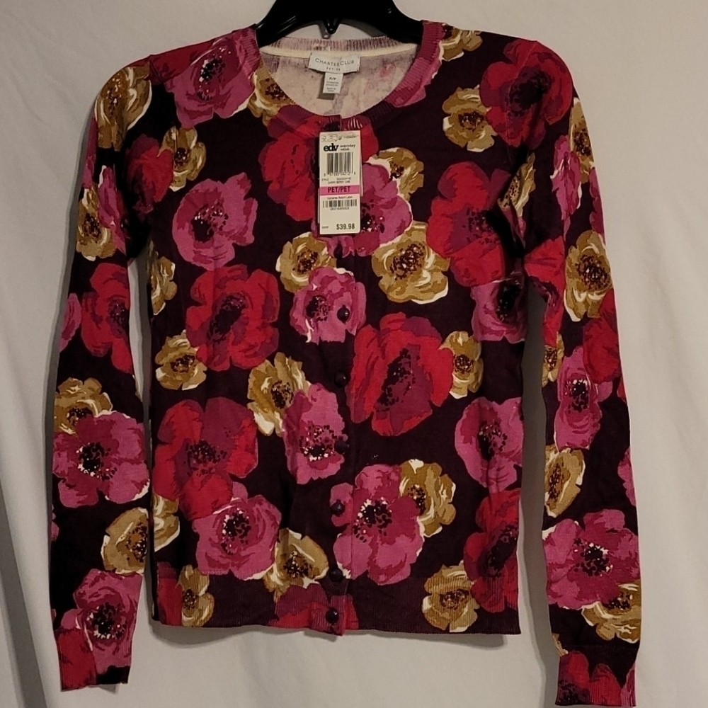 𝅺charter Club Floral 3/4 Sleeve Cardigan Sweater